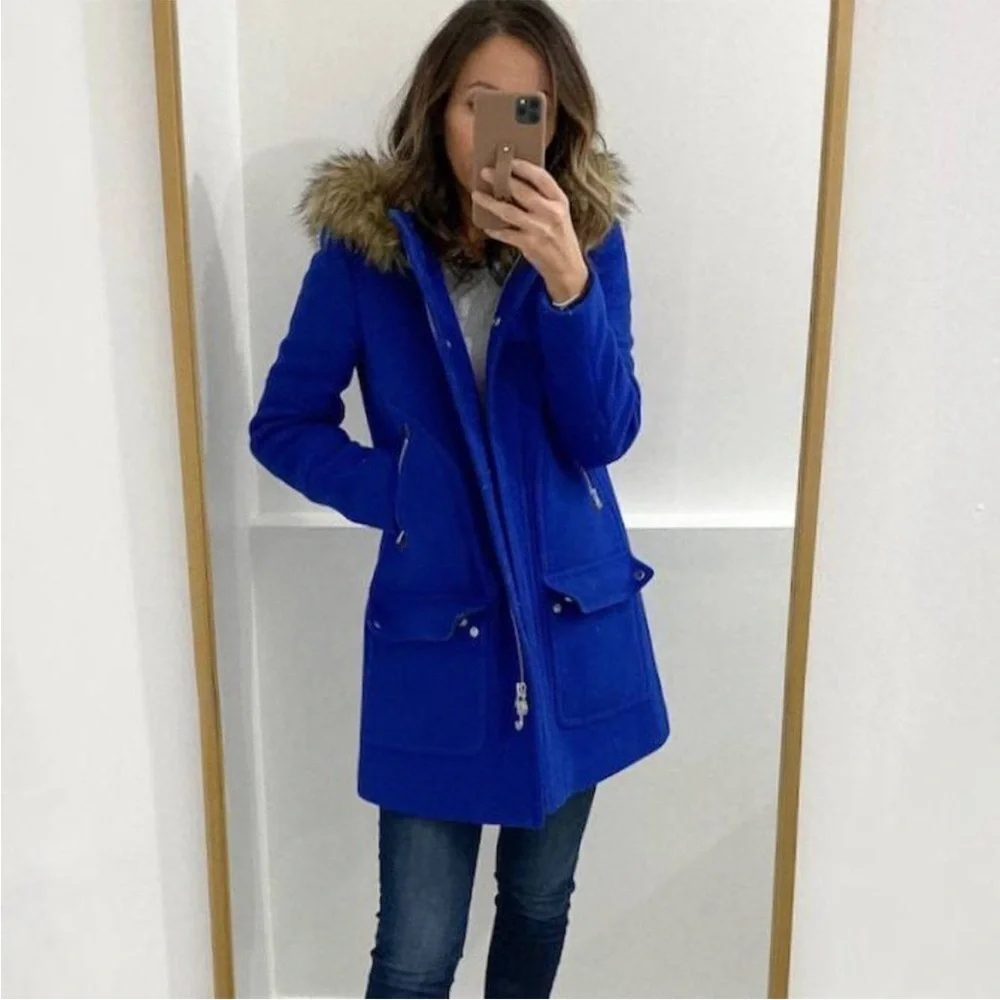 J. Crew Chateau Italian Stadium Cloth Wool Fur Parka Regal Brunswick Blue Size 2 - Picture 4 of 16